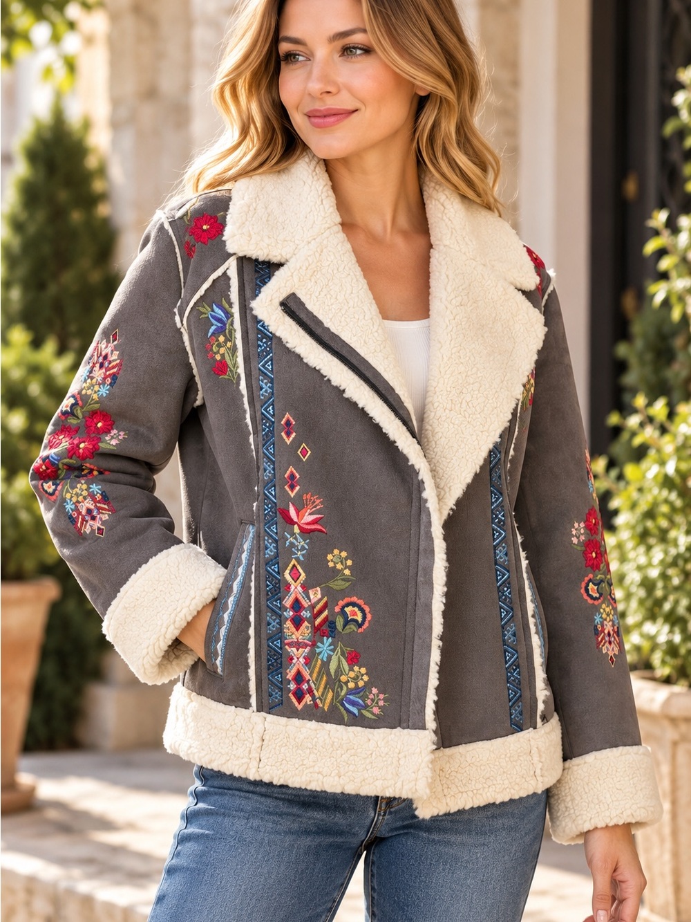 Johnny Was Maravilla embroidered faux suede moto jacket size L NWT